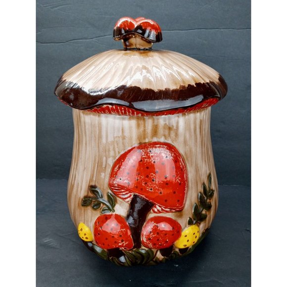 Vintage Mushroom Cookie Jar Orange Arnel's Hand Painted Ceramic Signed Canister - Picture 3 of 12
